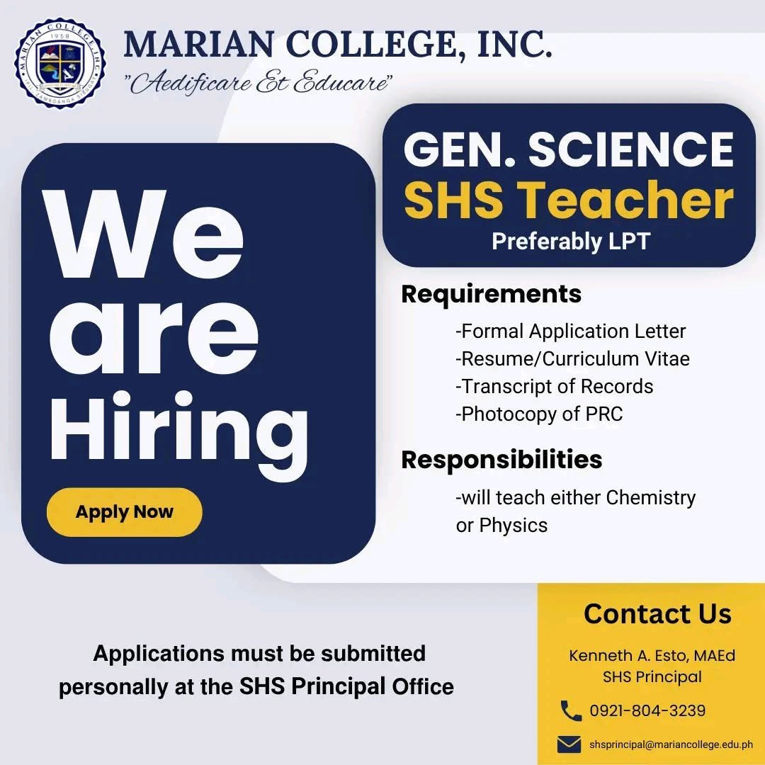 📢 WE'RE HIRING! | Join the Marian College, Inc. Family
